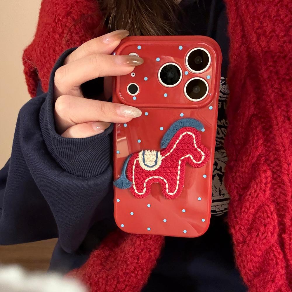 Burgundy Polka Dot Embroidered Pony Case for Apple IPhone 17 Pro Max and IPhone 16, New Year's Happy Design