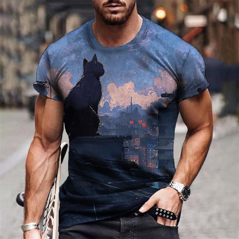 Starry Sky Cat Universe Pattern Funny Animal 3D Printed Men's T-shirts Summer Harajuku Short Sleeve O-Neck Tops