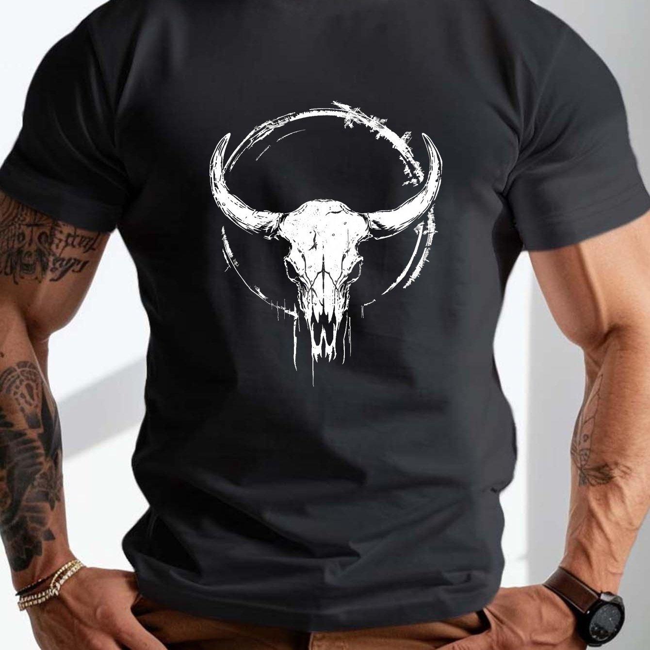

Bull Skull Western Graphic Tee Men Soft Cotton Casual Round Neck Short Sleeve TShirt L