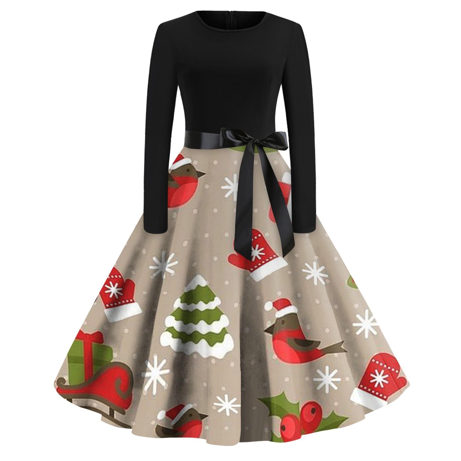 

Женское повседневное модное длинное платье с круглым вырезом и длинным рукавом с рождественским принтом S хаки