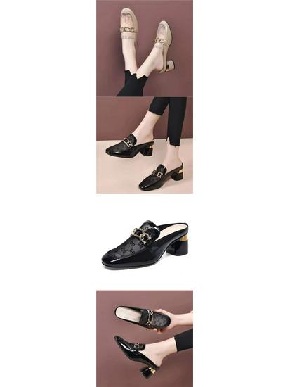 Women's 2025 Genuine Leather Chunky Heel Closed-Toe Mesh Sandals - Summer Fashion Half Slippers