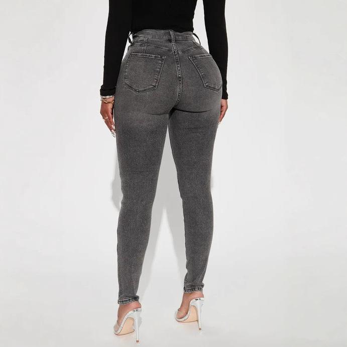 Jeans Skinny Lavés pour Femmes à Haute Élasticité Pantalons en Denim Roulés Déchirés Décontractés Rétro