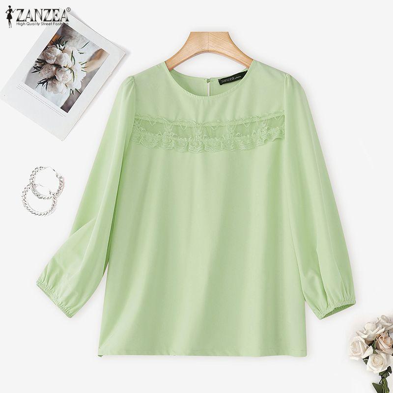 ZANZEA Women Casual V-Neck Long Sleeve Lace Patchwork Solid Color Loose Blouse