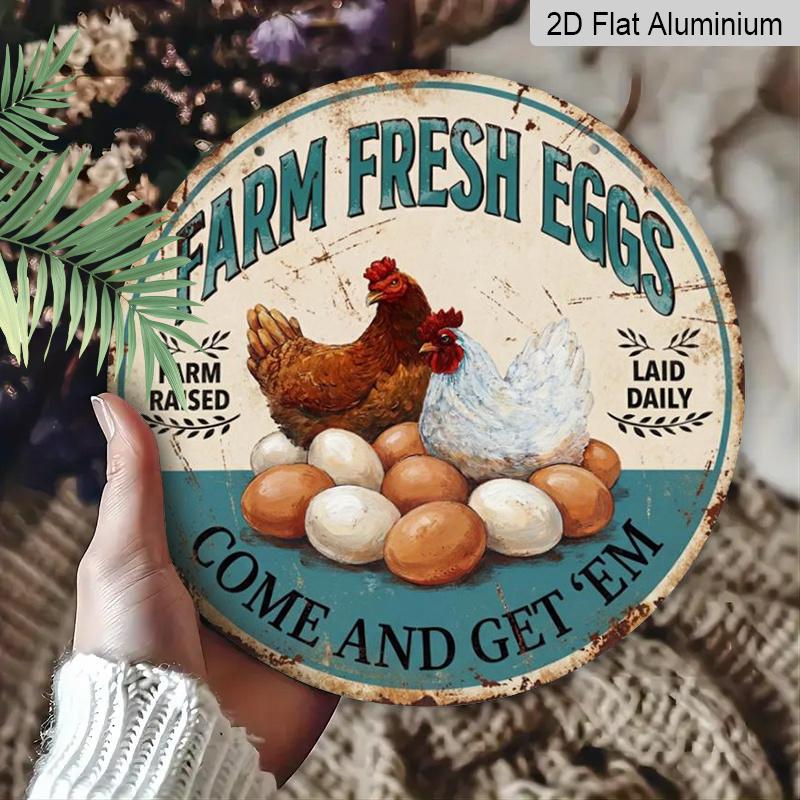 2D Flat 1pc, 8x8 In, Fresh Eggs From The Farm Metal Sign - Rustic Farmhouse Aluminum Metal Decorative Signs & Plaques, Durable Indoor/Outdoor