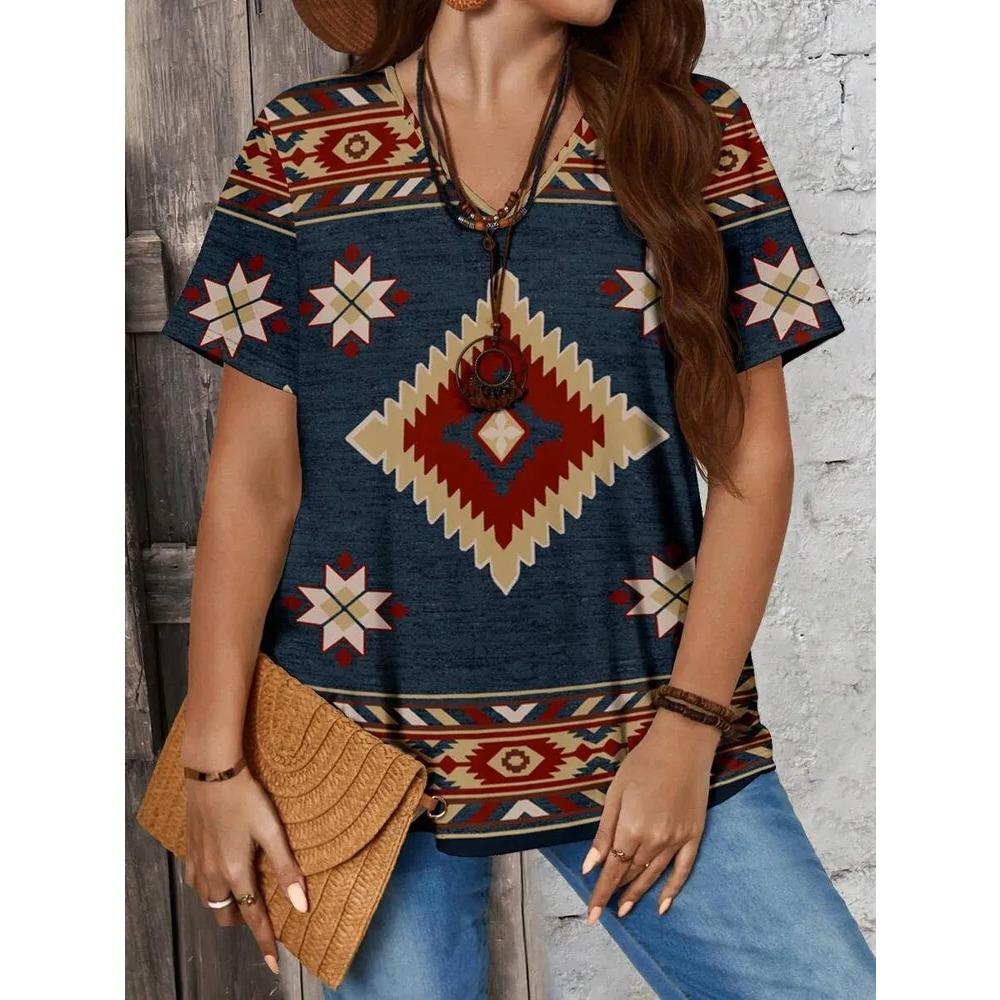 T-shirt Stampata con Fantasia Retrò alla Moda Larga a Maniche Corte Girocollo Versatile Comoda T-shirt da Donna Scollo a V