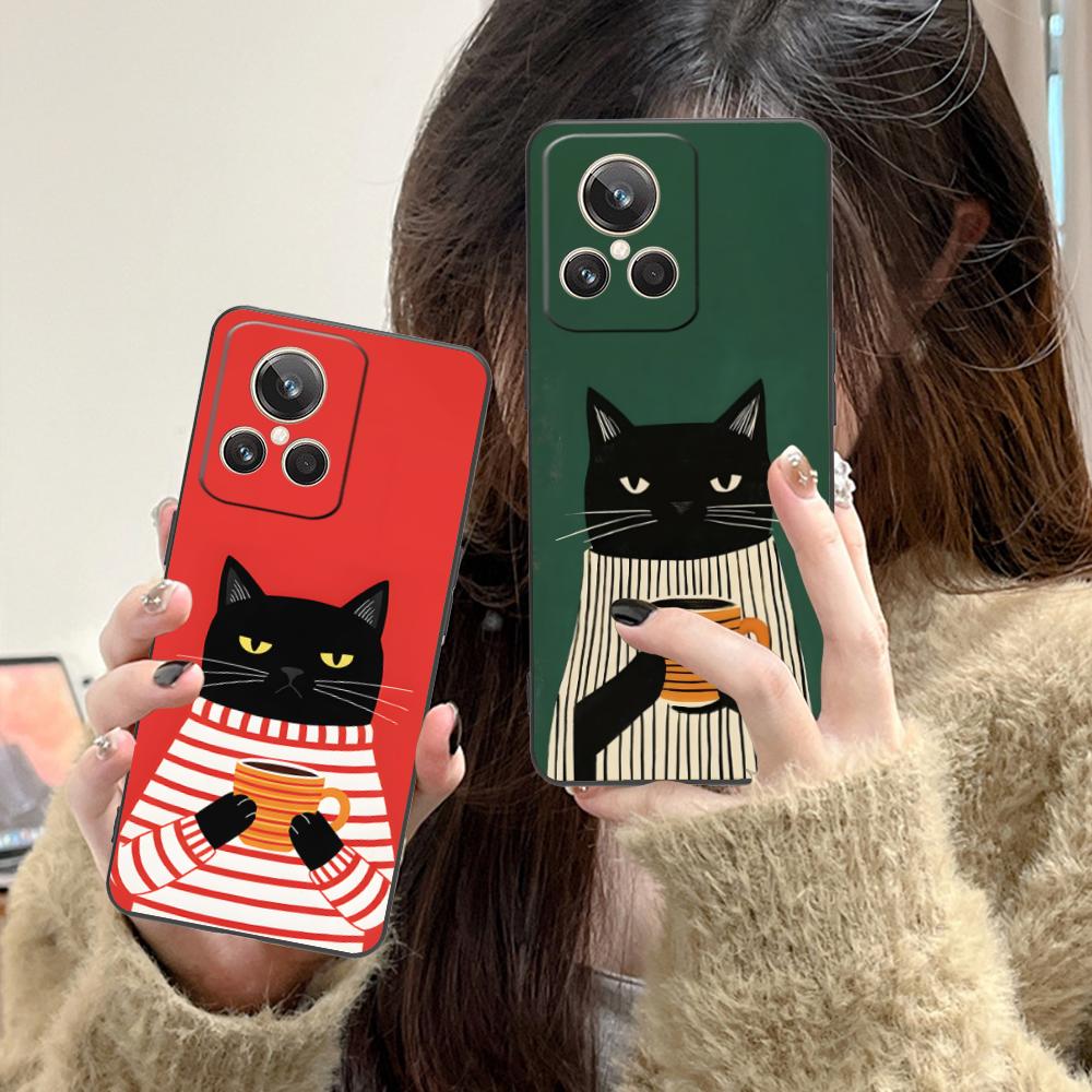 Cute Coffee Cat Matte TPU Mobile Phone Case for Realme 15 14 13 12 11 10 9 Pro Plus T i Lite 5G Colorful Printing Cover
