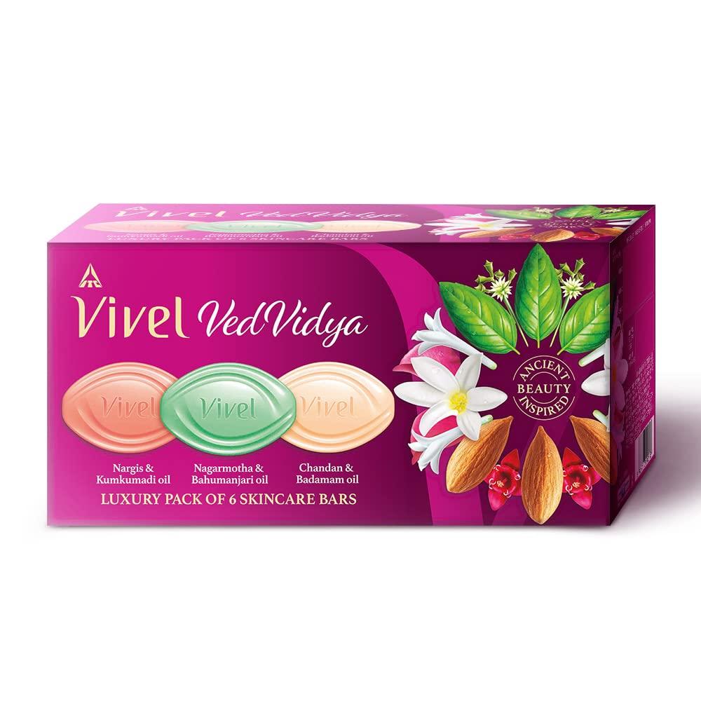 Vivel VedVidya Luxus-Packung mit 3 Hautpflegeseifen für weiche, gleichmäßig getönte, klare, strahlende und strahlende Haut, geeignet für alle Hauttypen, 100 g Packung mit 3 Stück