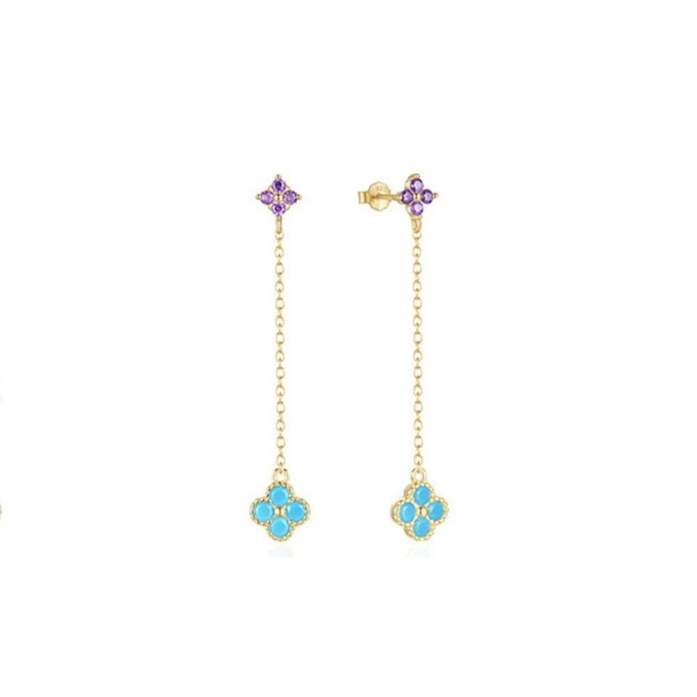 

New Arrival Stainless Steel Long Chain Dangle Earrings For Women Girl Flower Colorful Zircon Stud Earring Piercing Jewelry