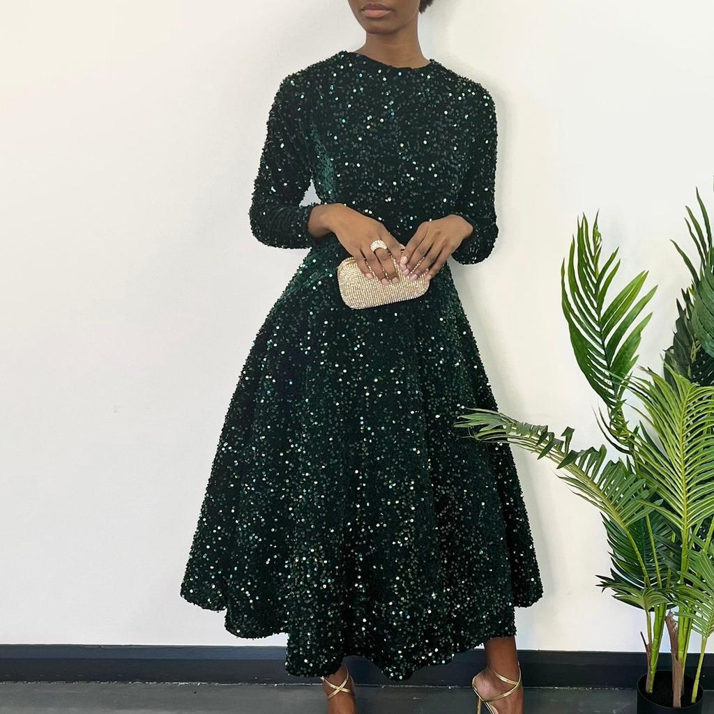 Dámské módní jednobarevné šaty s kulatým výstřihem, dlouhým rukávem a flitry, středně dlouhé šaty s vysokým pasem