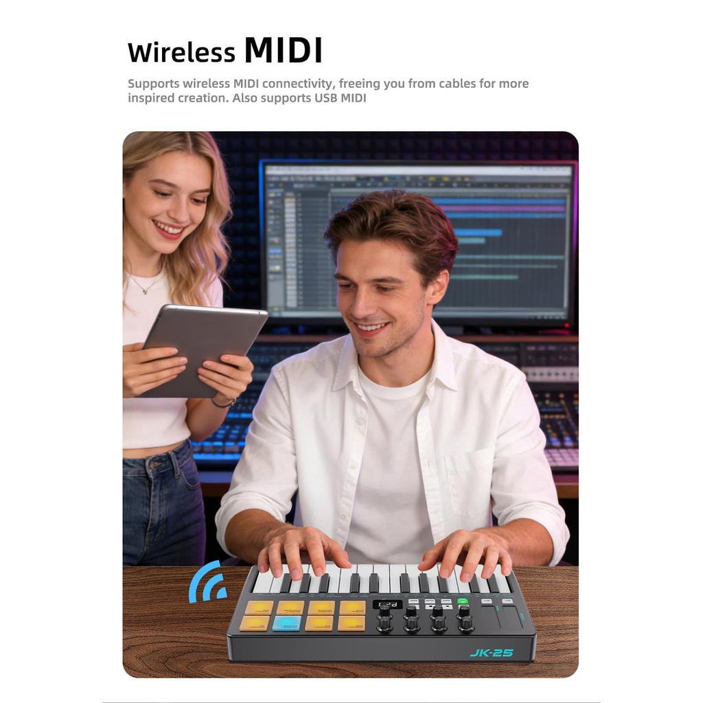 Btuty MIDI Keyboard with 2000mAh 8x4 RGB Multifunctional Mini Welocity Power 8 for Home Performance 25-Key High-Capacity Built-in Battery, Pads,