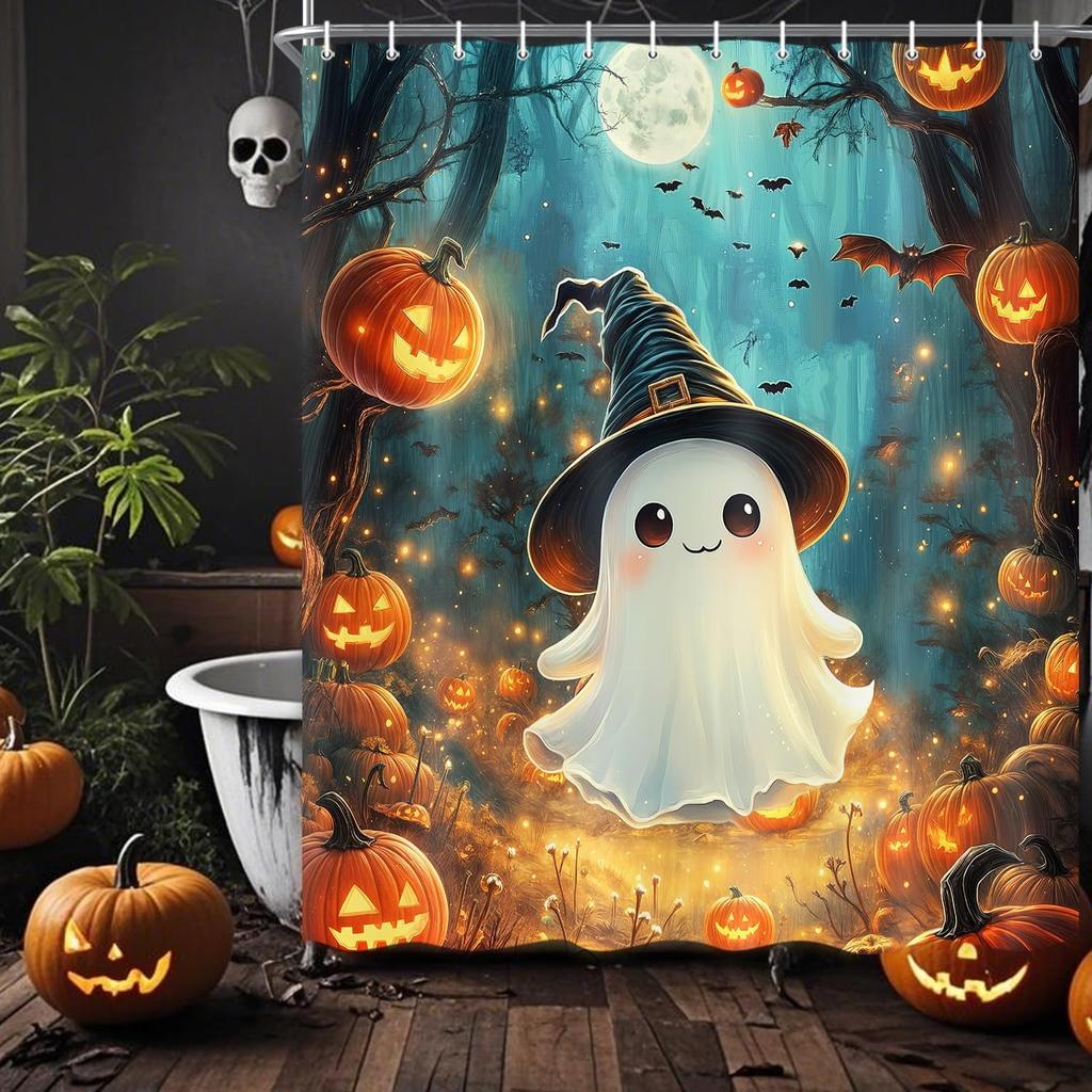 Halloween Shower Curtain, Black Cute Ghost Pumpkin Spooky Shower Curtain for Bathroom, Funny Halloween Holiday Cartoon Spooky