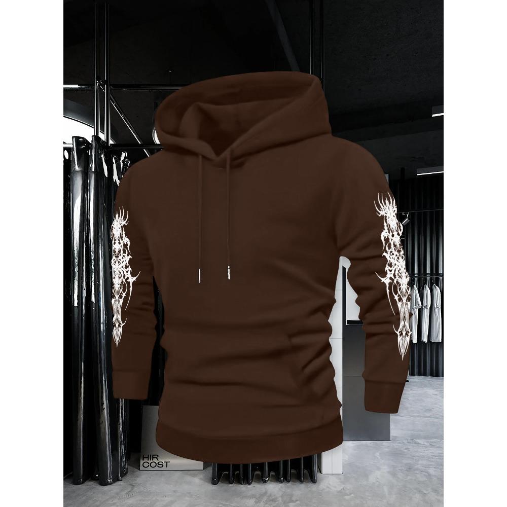 Autumn and Winter Fashionable Men's Retro Street Printed Hooded Sweatshirt with Thorn Pattern, Casual Top, Suitable for Daily Outings