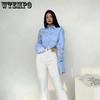 Girl's Spring Korean Style Long Sleeve Blue White Shirts Women Button Cropped Tops Polo Collar Blouses Streetwear