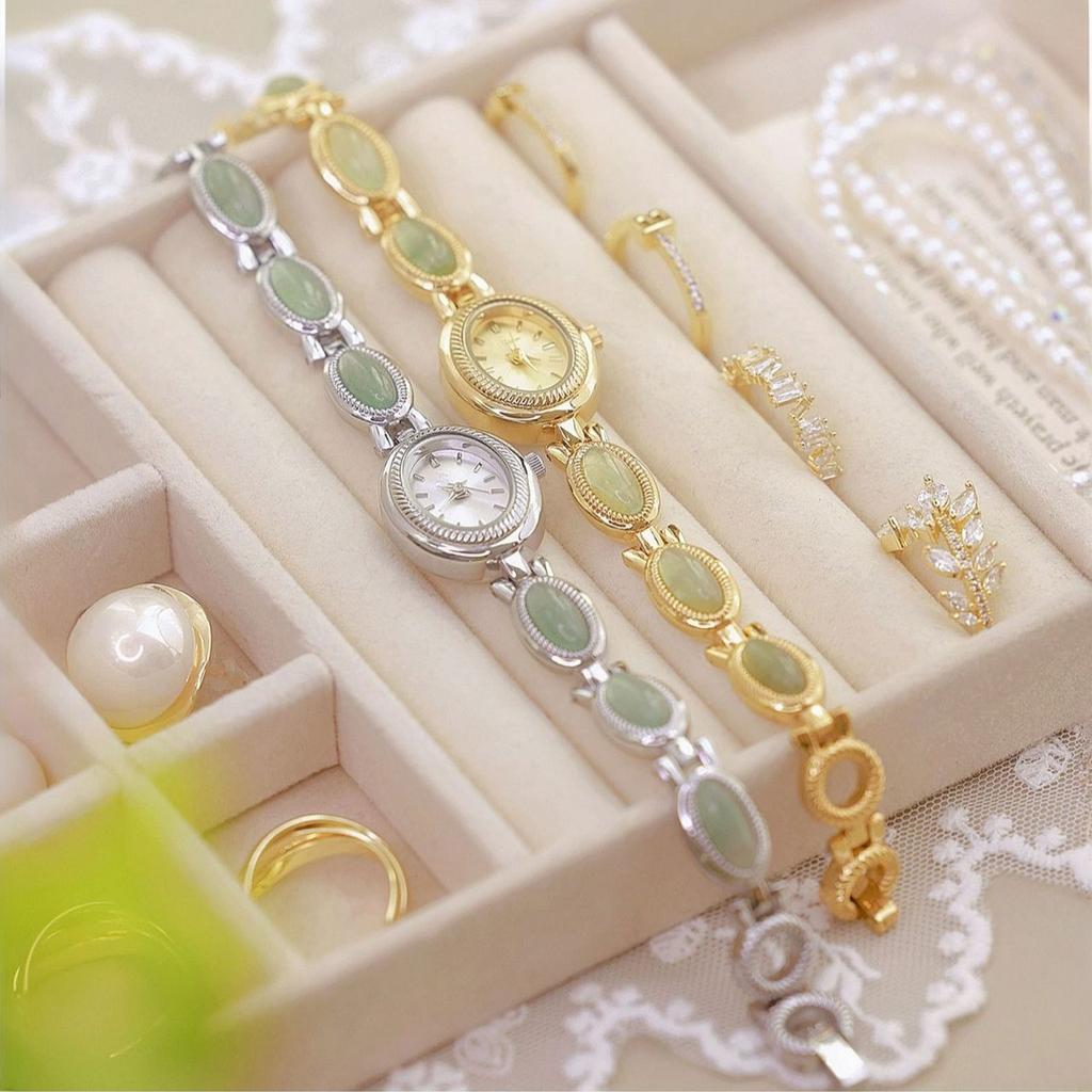 Oval Quartz Waterproof Wristwatch for Women Jade Bracelet Watch