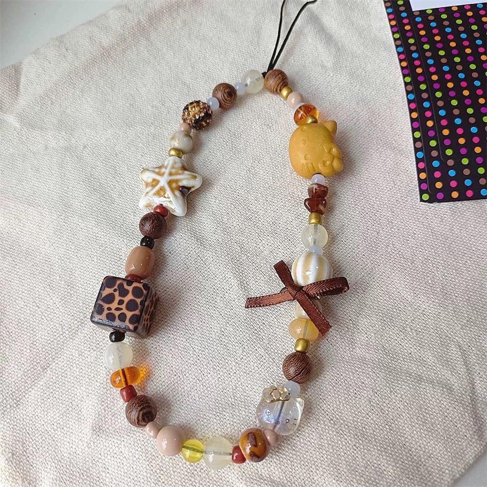 Retro Brown Leopard Print Cartoon Cat Phone Case with Beaded Chain & Camera Lanyard Retro Brown Leopard Print