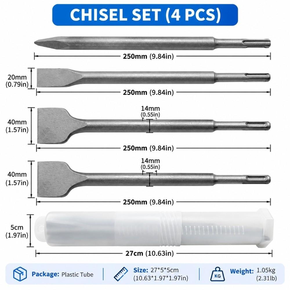 4pcs Round Shank Chisel Bit Set SDS Plus Shank Electric Hammer Bit  For Concrete Structure