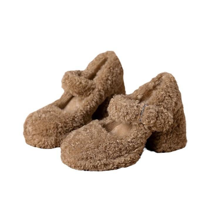 Chaussures en peluche pour femmes, vêtements d'extérieur d'automne et d'hiver, talons hauts français, chaussures Mary Jane douces
