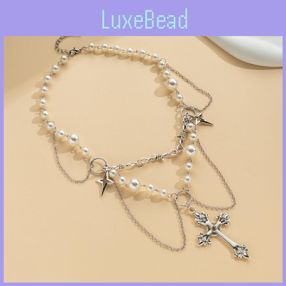 Stylish Multilayer Cross And Heart Pendant Necklace With Imitation Pearl Design For Women