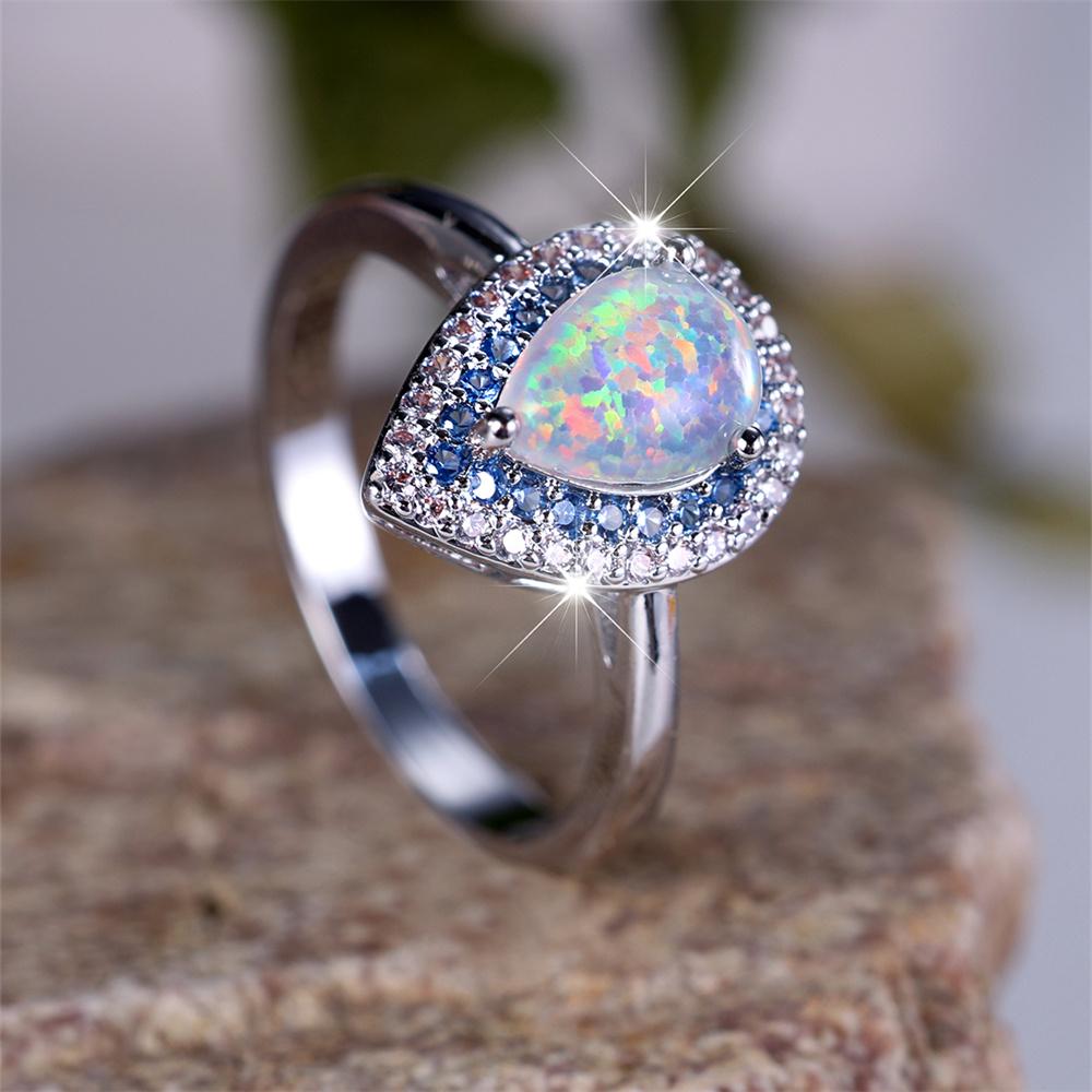 Romantic Love Engagement Ring White Fire Opal Heart Stone Rings For Women Blue Zircon Wedding Bands  Color Fashion Jewelry