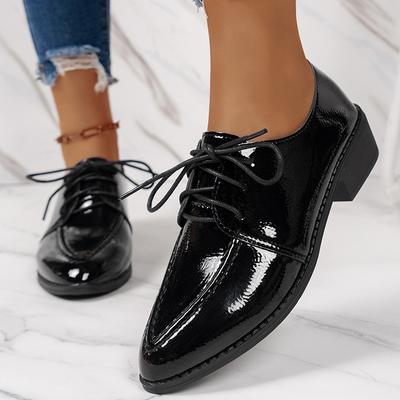 Black Patent Leather Shoes for Women 2025 Autumn Pointed Toe Lace Up Dress Shoes Woman Shallow Mouth Low Heels Loafers Plus Size