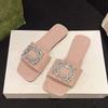 Wearing square head one-word drag rhinestone square buckle middle heel sandals women's summer new thick heel fashion slippers tide