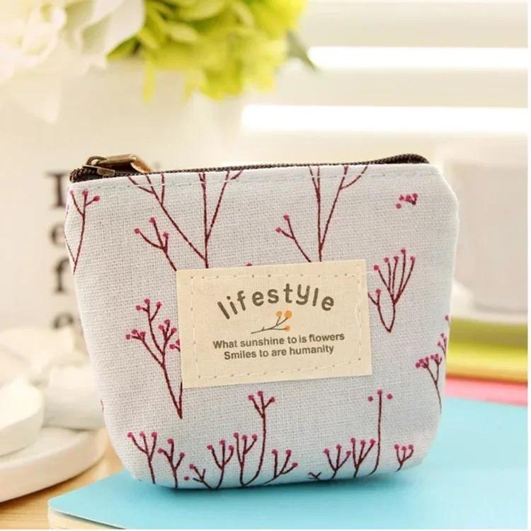 Small Fresh Canvas Coin Wallet, Fashionable Flower Pattern Zipper Bag, Earphone Key Storage Bag, Portable Zero Money Bag