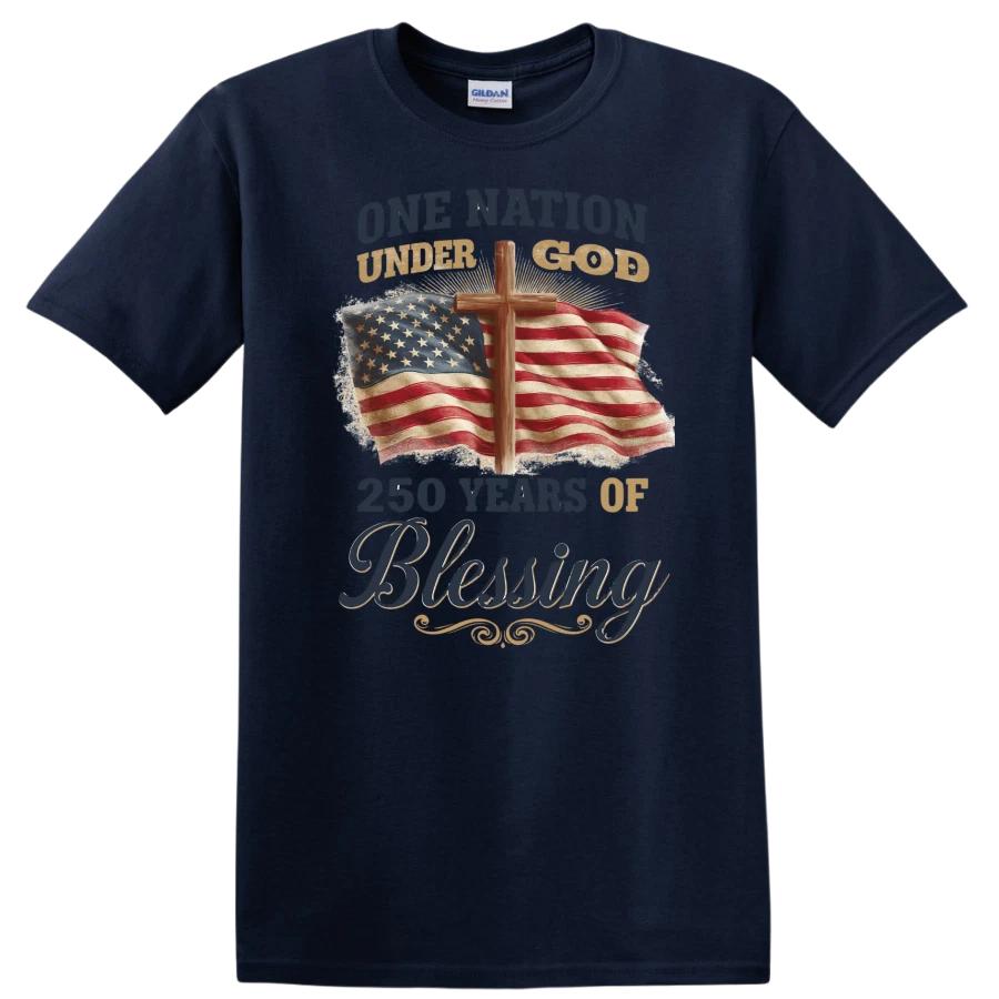 One Nation Under God T Shirt American Flag Cross 250 Years Of Blessing Faith Tee S