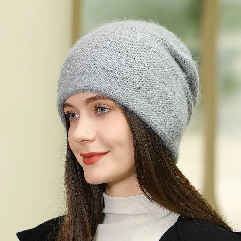 Fashion New Arrival Pearl Knitted Hat for Women Winter Warm Beanies Casual Cap Solid Color Knitted Beanie