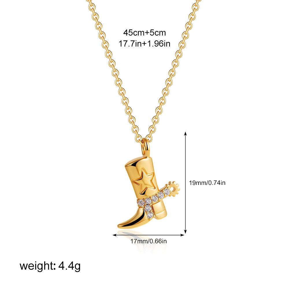 Tempusort 18K Gold Stainless Steel Zircon Necklace Western Cowboy Boots Engraved Vintage Pendant Accessories Jewelry