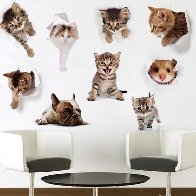 Cute Cats Wall Sticker Hole View Vivid Dogs Bathroom 3D Toilet Stickers For Home Decoration Animals Decals Self-adhesive Poster