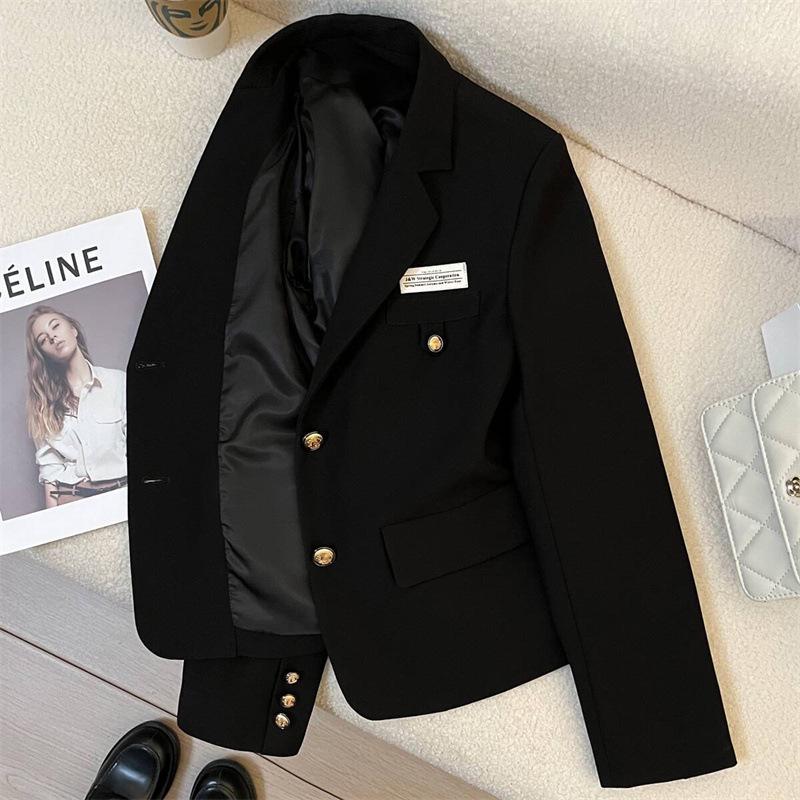 Women's Black Short Suit Jacket - Petite 2025 College Style Casual Streetwear for Spring and Autumn