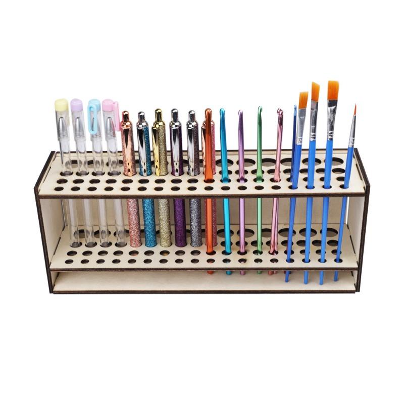 67 Slot Wooden Brush Holder Double Layer Storage for Artist Paint Brushes Pencils Professional Desk Organizer Art Craft Supplies