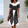 Women Plus Size Round Neck Short Sleeve Black Green Gold Printed A Line Midi Dress