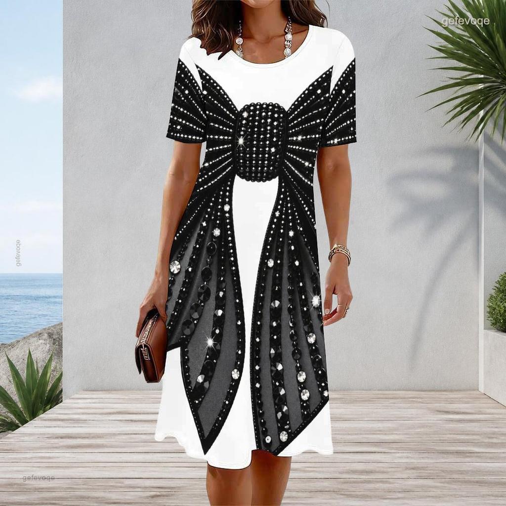 Women Plus Size Round Neck Short Sleeve Black Green Gold Printed A Line Midi Dress