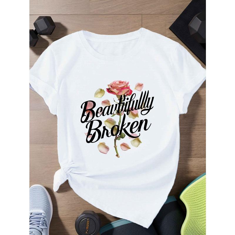 European Size Plus Size Women's "Beautifully Broken" Rose Graphic T-Shirt - Casual Short Sleeve, Round Neck