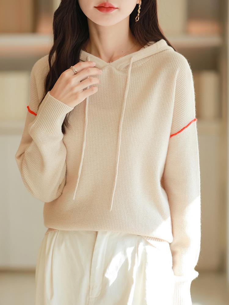 Women's Casual Hooded Cashmere Wool Knit Sweater - Pure Loose Fit Fashion for Spring, Autumn, and Winter