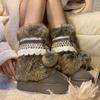 Pelz Damen Winter Schnee Flauschig Flauschig Warm Gemütlich Wasserdicht Plateau Schnürung Wadenhoch Skischuhe