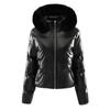 Women's Winter Fashion Casual Slim Cotton Jacket Faux Fur Collar and Hooded Hooded Warm Jacket Coat Pu Leather Zipper