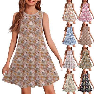 Girls Fashion Casual Sleeveless Round Neck Easter Printed Dress