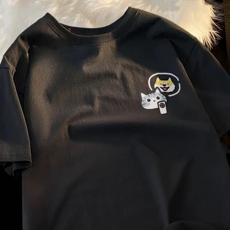 Cat Dog and Mobile Phone Print Women Round Neck Short Sleeve Soft Comfortable Streetwear Summer Fashion Women Clothes