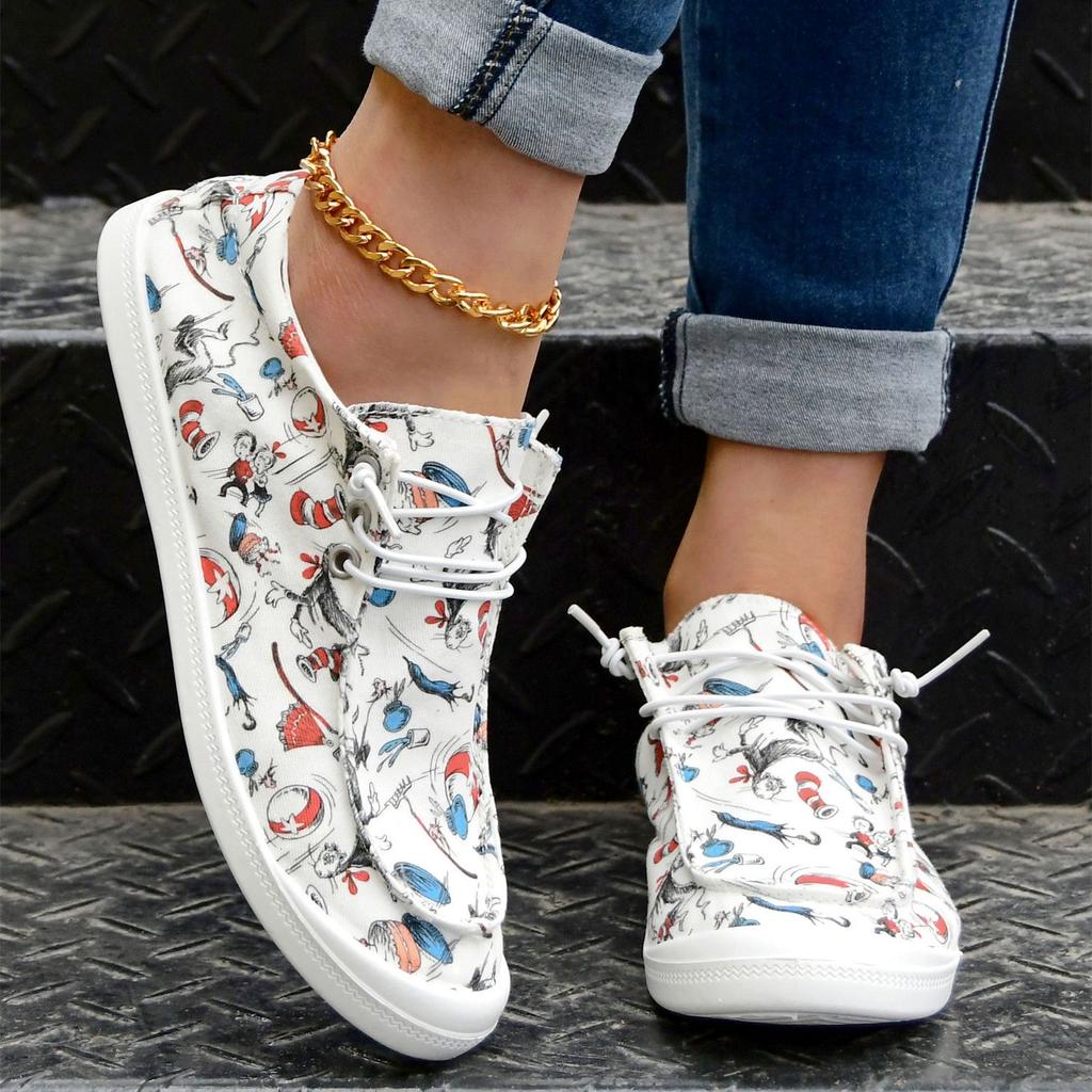 Women's Cartoon Print Flat Loafers, Lightweight Round Toe Comfortable Lace Up Slip On Canvas Shoes, Casual Low Top Shoes