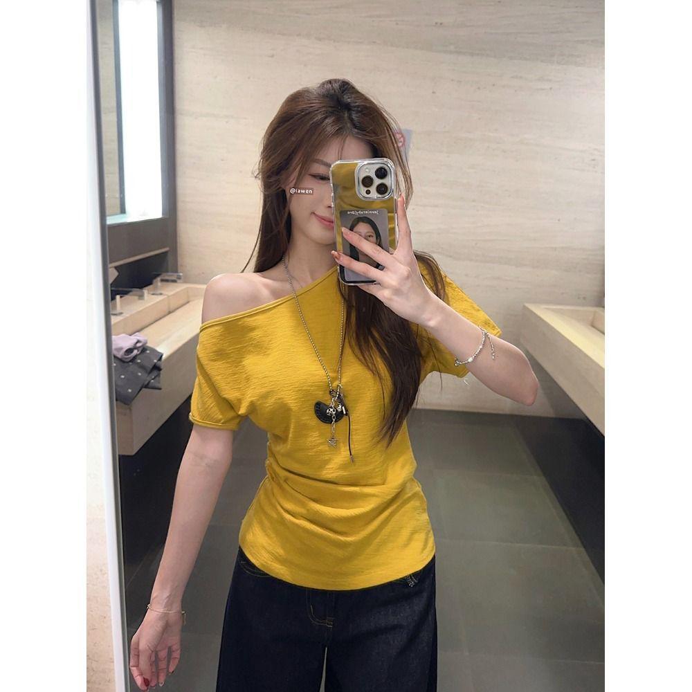 

Корейская нишевая желтая облегающая футболка на одно плечо для женщин - Летний топ, подчеркивающий талию Small