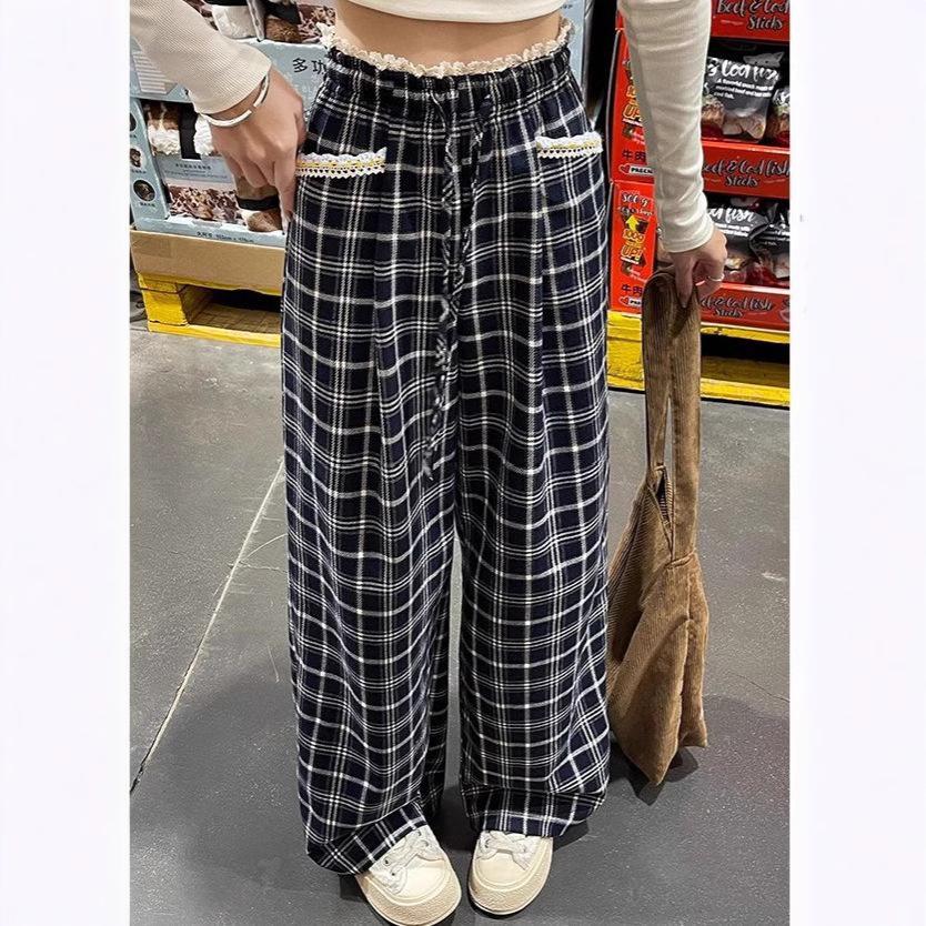 

Stunning Plaid Lace Wide-Leg Casual Pants - Women s Spring Loose Fit Large синій