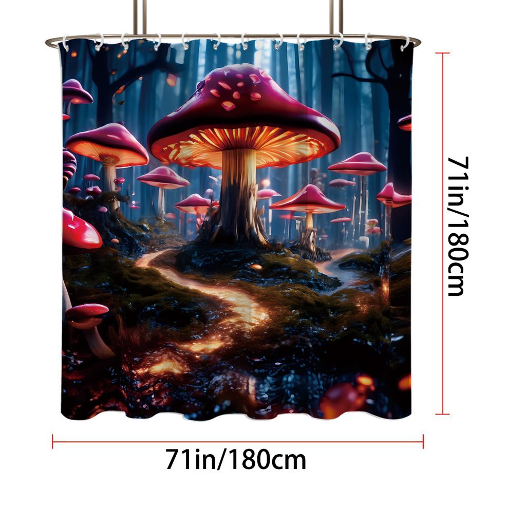 1Pc Mashroom Wonderland Pattern Printed Shower Curtain, Waterproof, Washable, With 12 Hooks, Bathroom Shower, Bathtub, Home Use