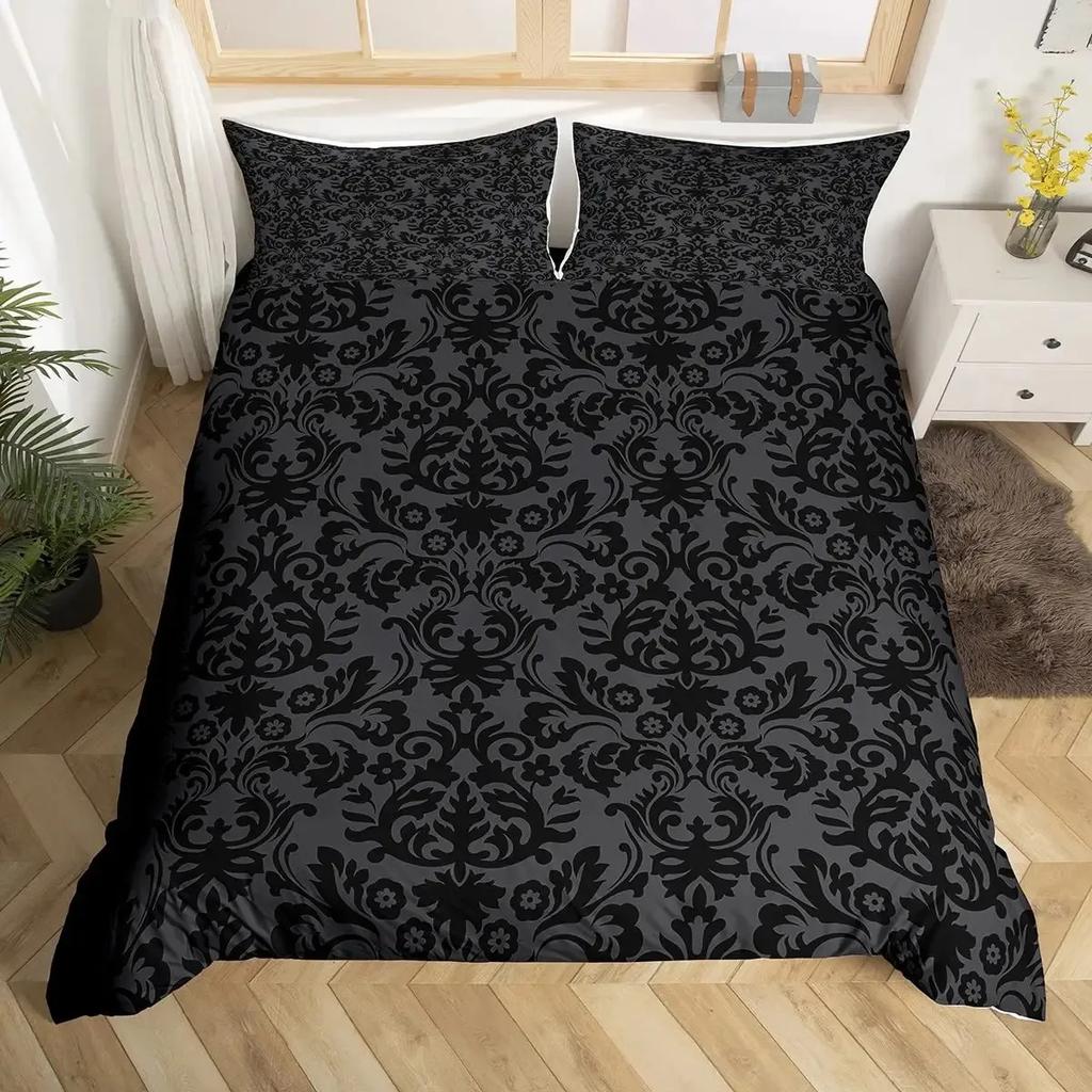 Adults Black Damask Duvet Cover Set King,Antique Victorian Baroque Bedding Set Gothic Vintage Floral Bohemian Exotic Quilt Cover