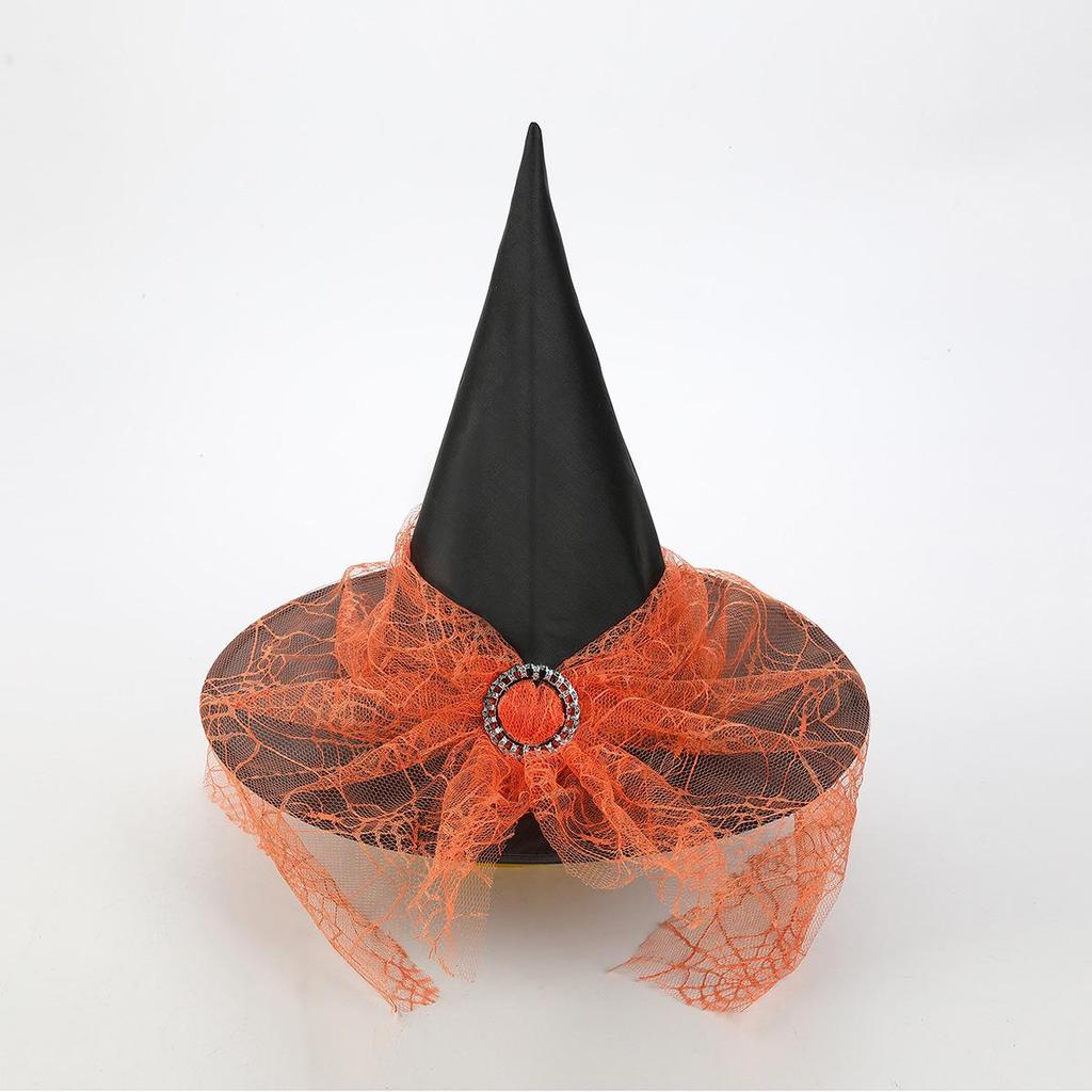 European & American Halloween Lace-up Witch Hat - Black Oxford Cloth Pointed Wide-Brim