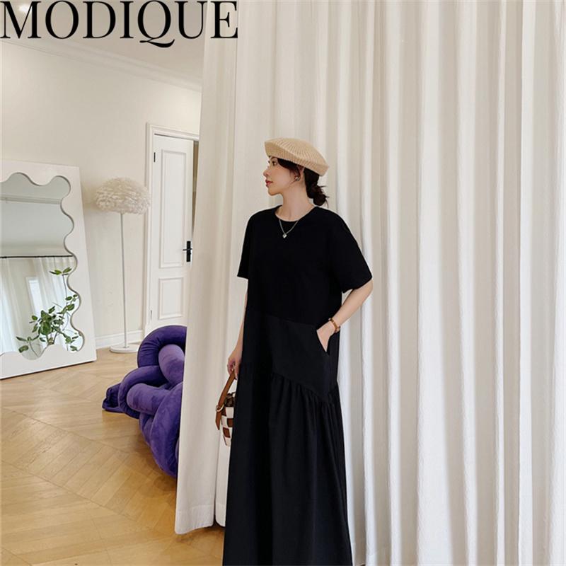 MODIQUE Summer Plus Size New Dress Shirt Women Loose Patchwork Cotton Linen Basics Folds A-Line Dress Solid Casual Female Dresses O-Neck