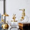 Light Luxury Bathroom Accessories Brass Transparent Crystal Glass Lotion Bottle Storage Tank Cotton Swab Box Marble Storage Tray