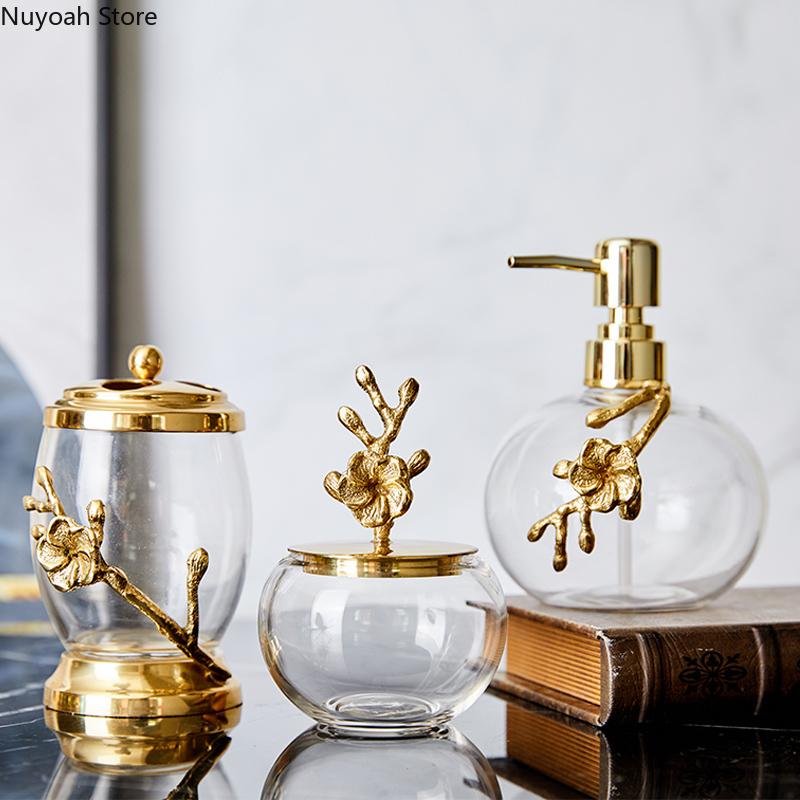 Light Luxury Bathroom Accessories Brass Transparent Crystal Glass Lotion Bottle Storage Tank Cotton Swab Box Marble Storage Tray