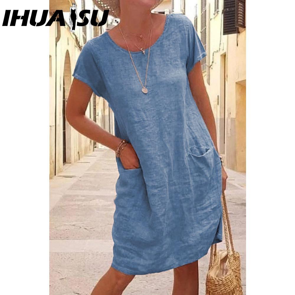 

IHUASU Women Solid Color Summer Midi Dress Ladies Casual Loose Dress with Pockets Plus Size XXXXXL синий